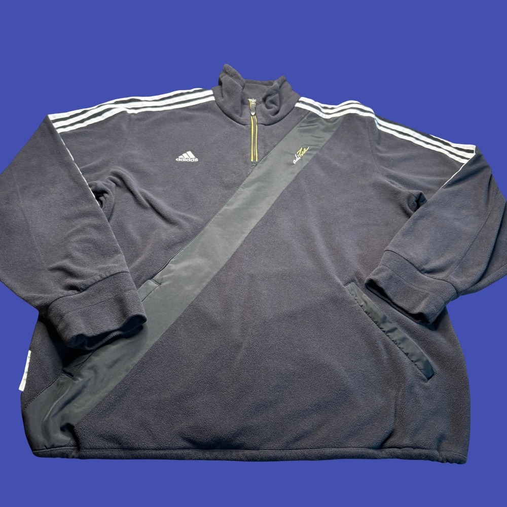 Adidas Quarter Zip Fleece XL Black Gray 3 Stripe Athletic Pullover Vintage